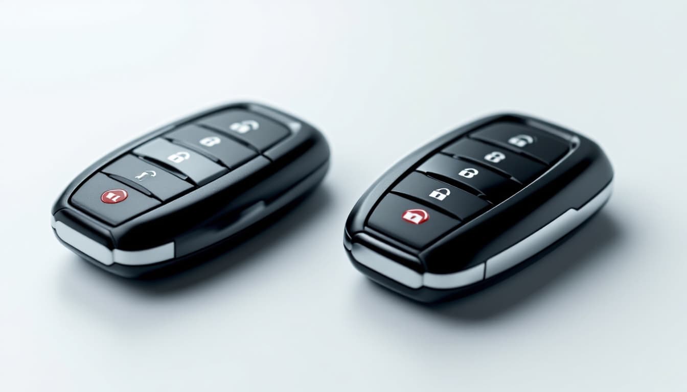 Two similar car key fobs side by side on a locksmith counter in Keller TX