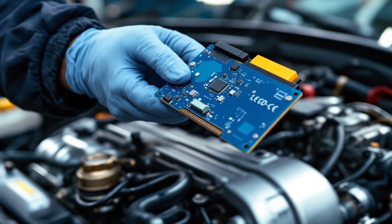 Technician holding a replacement engine control module beside an open engine bay in Keller TX