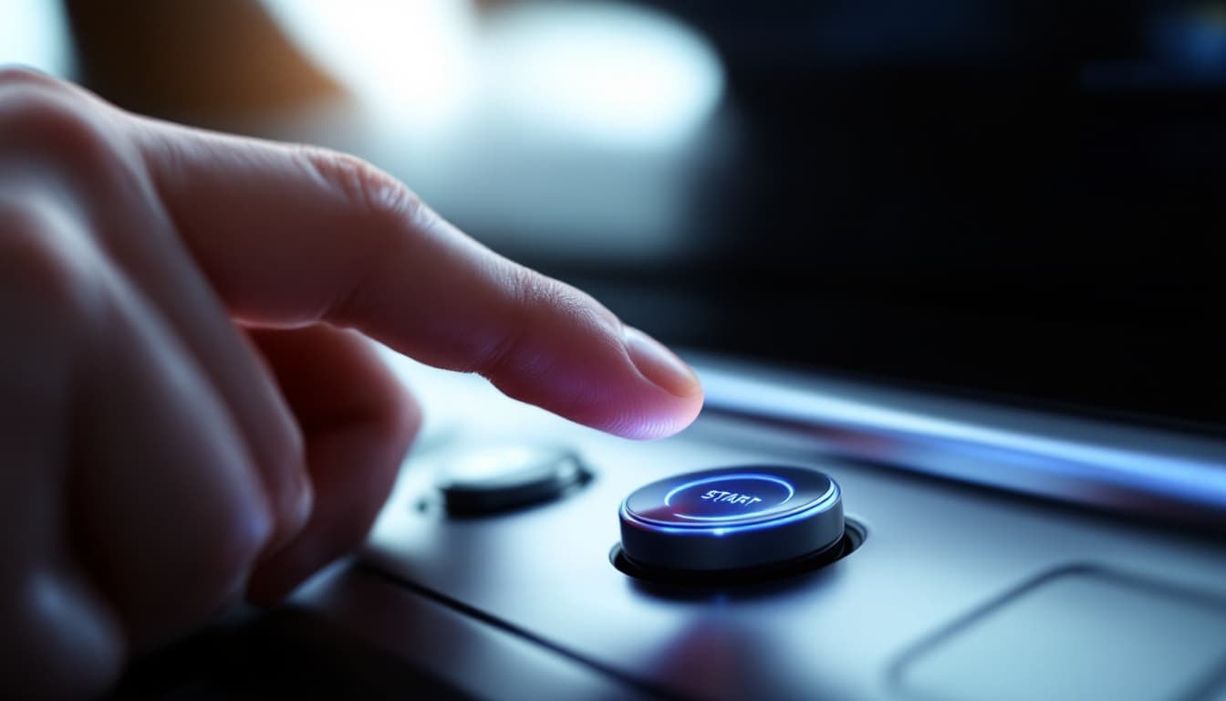 Finger pressing a glowing engine start-stop button with a smart key fob nearby in Keller TX