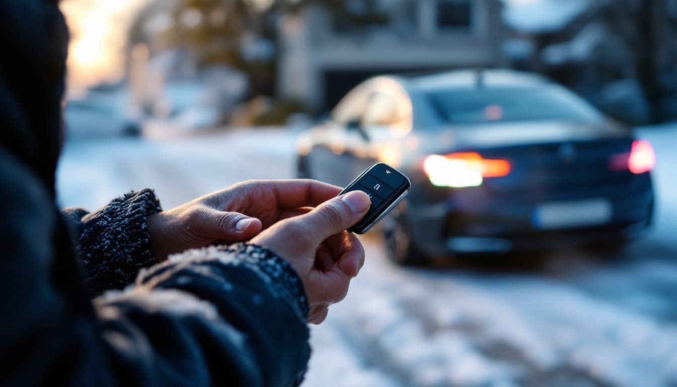 Driver pressing a remote-start button on a car fob on a cold morning in Keller TX