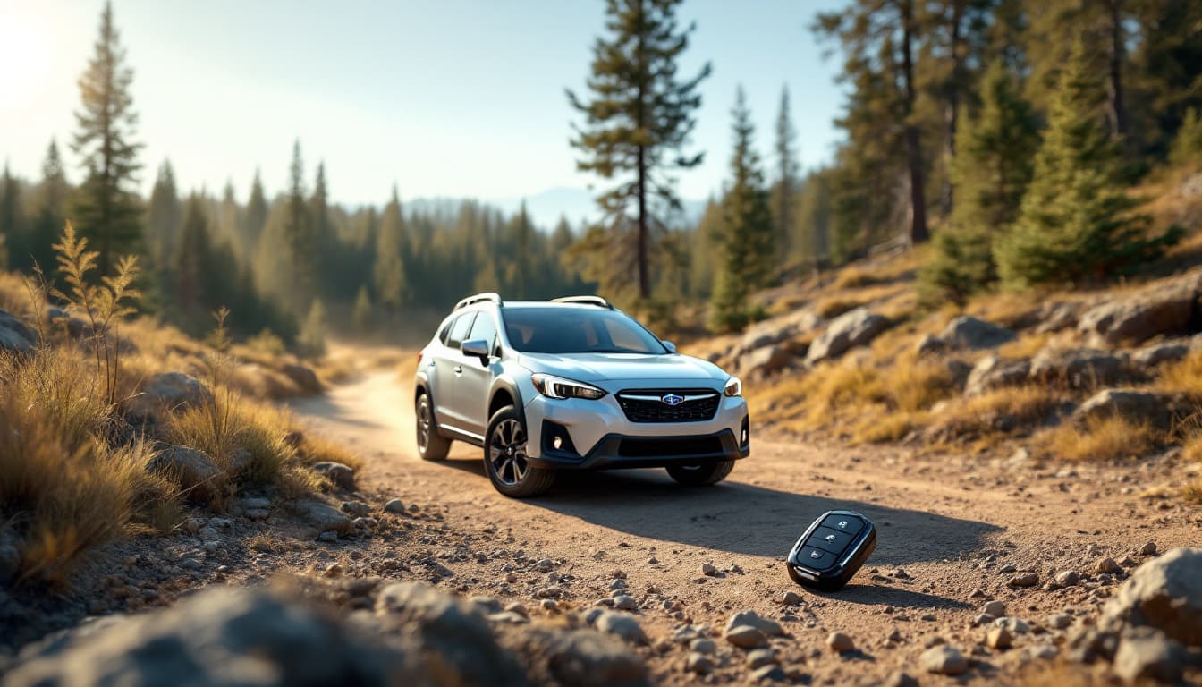 Subaru Crosstrek crossover with a keyless access fob held near the door in Keller TX