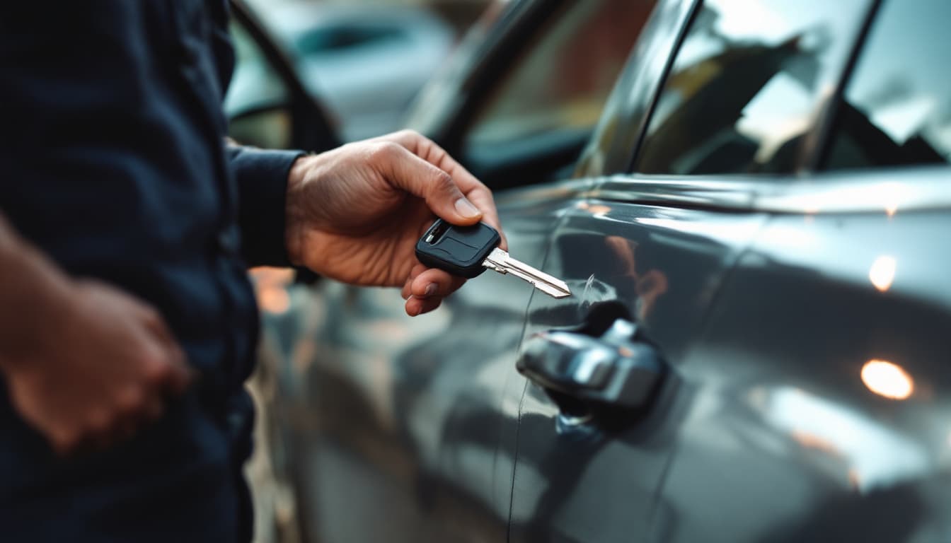 Toyota Camry sedan parked in a Bedford Texas apartment lot with a cut transponder key and key-cutting machine nearby