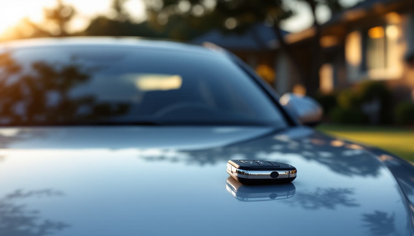 Silver Toyota Camry Hybrid in a Keller TX driveway with a smart key fob resting on the hood