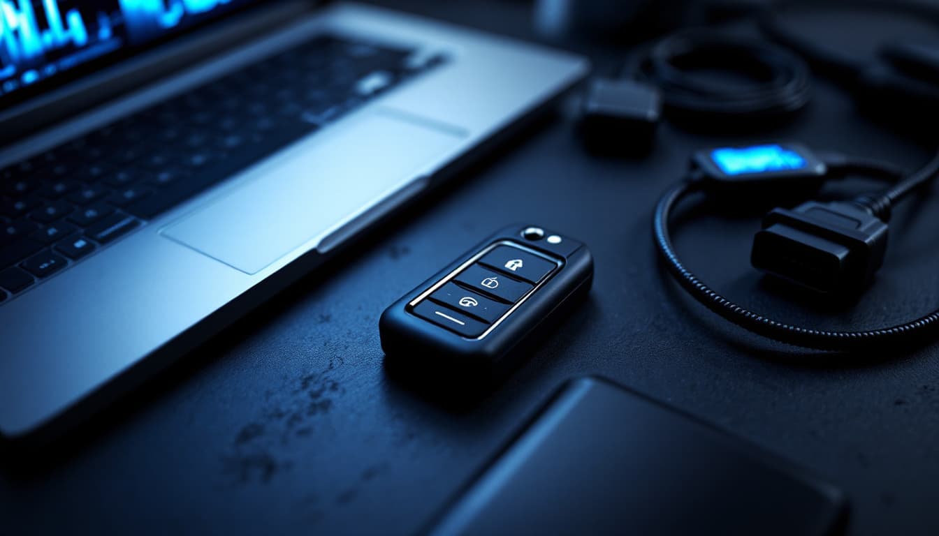 Modern smart key fob and programming equipment on a workbench beside a laptop running vehicle immobilizer software