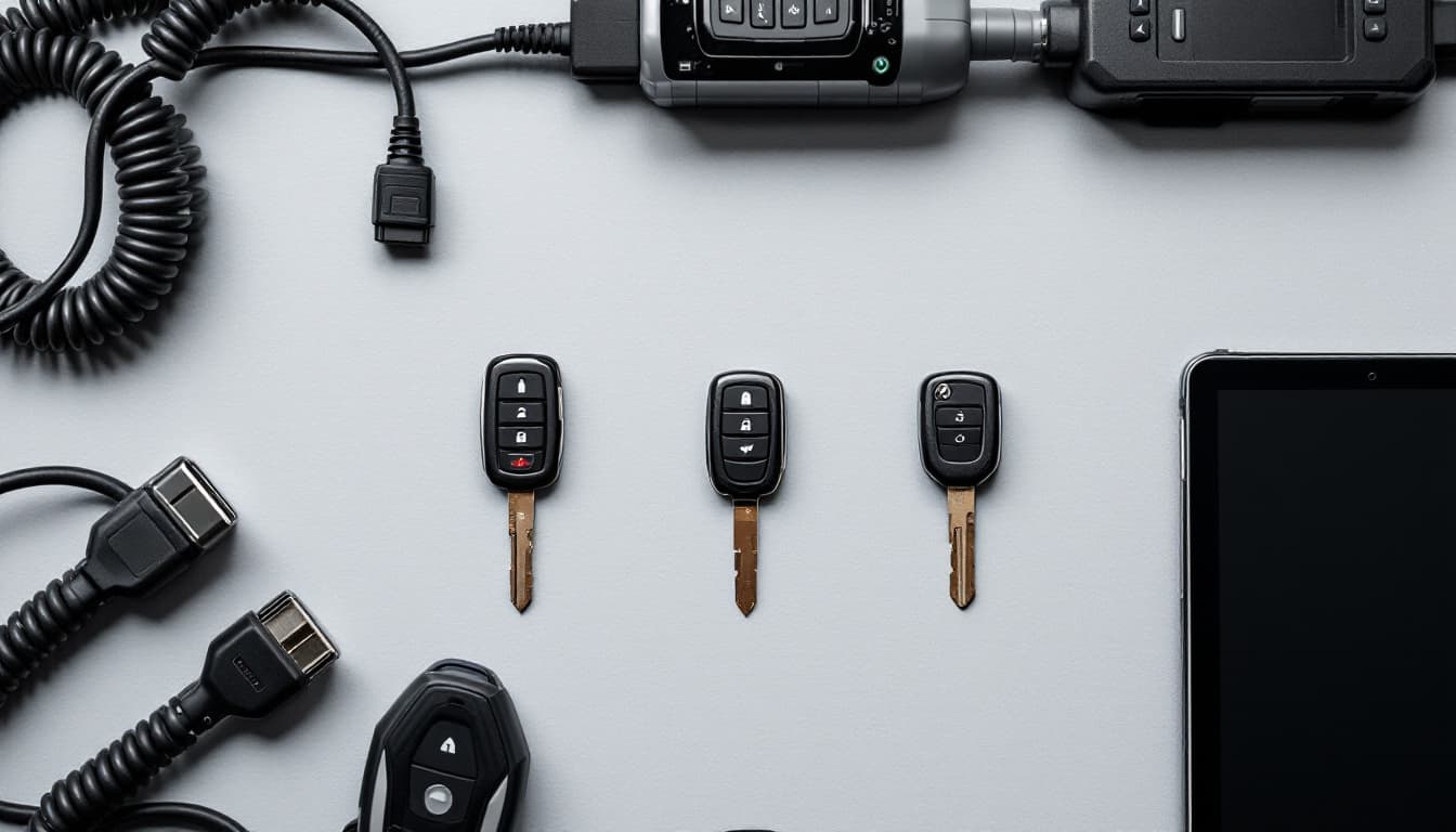 Toyota key fobs and a cut transponder key laid out on a workbench beside key programming equipment in Keller Texas