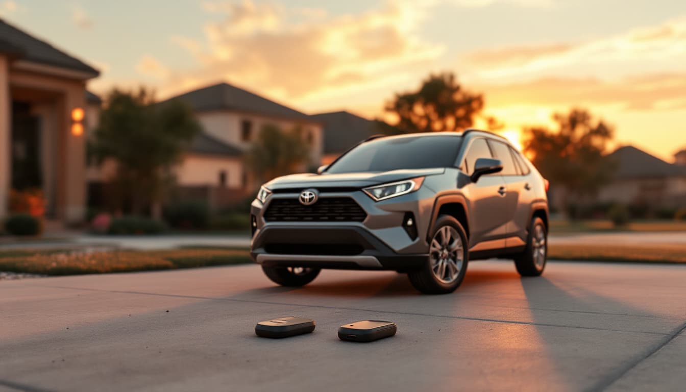 Toyota RAV4 smart key fob held beside a compact SUV in a Keller TX driveway