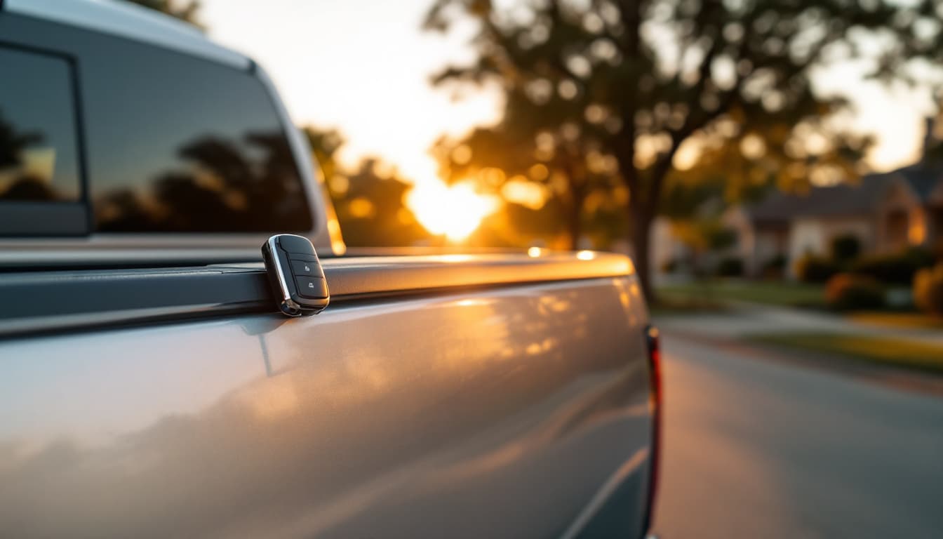 Toyota Tacoma pickup parked on a residential street in Keller Texas with a key fob on the hood