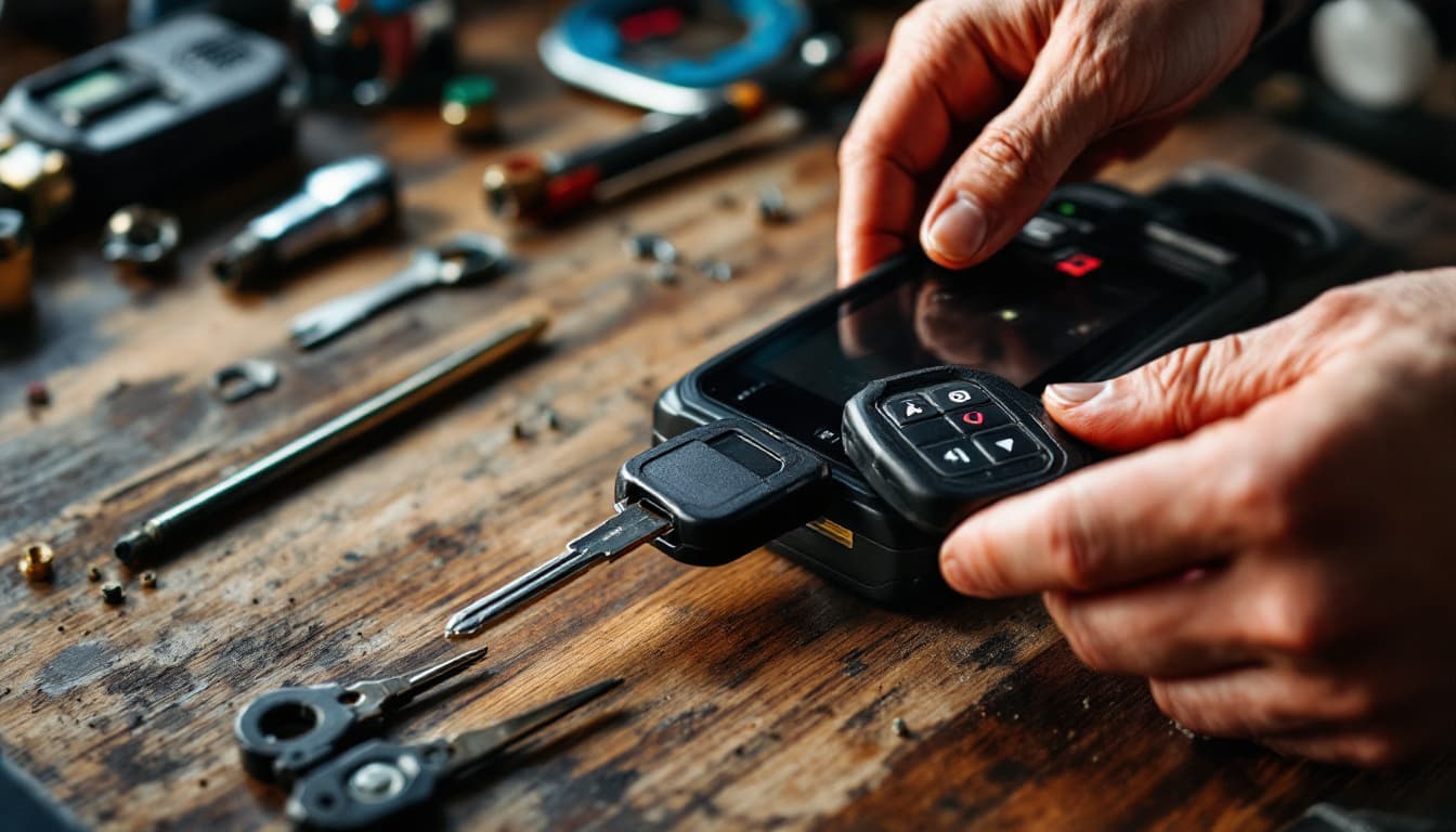 Locksmith duplicating a transponder chip key with a cloning device in Keller TX