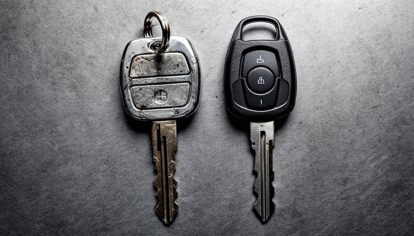 Comparison of a worn car key beside a freshly cut key on a locksmith workbench in Keller TX